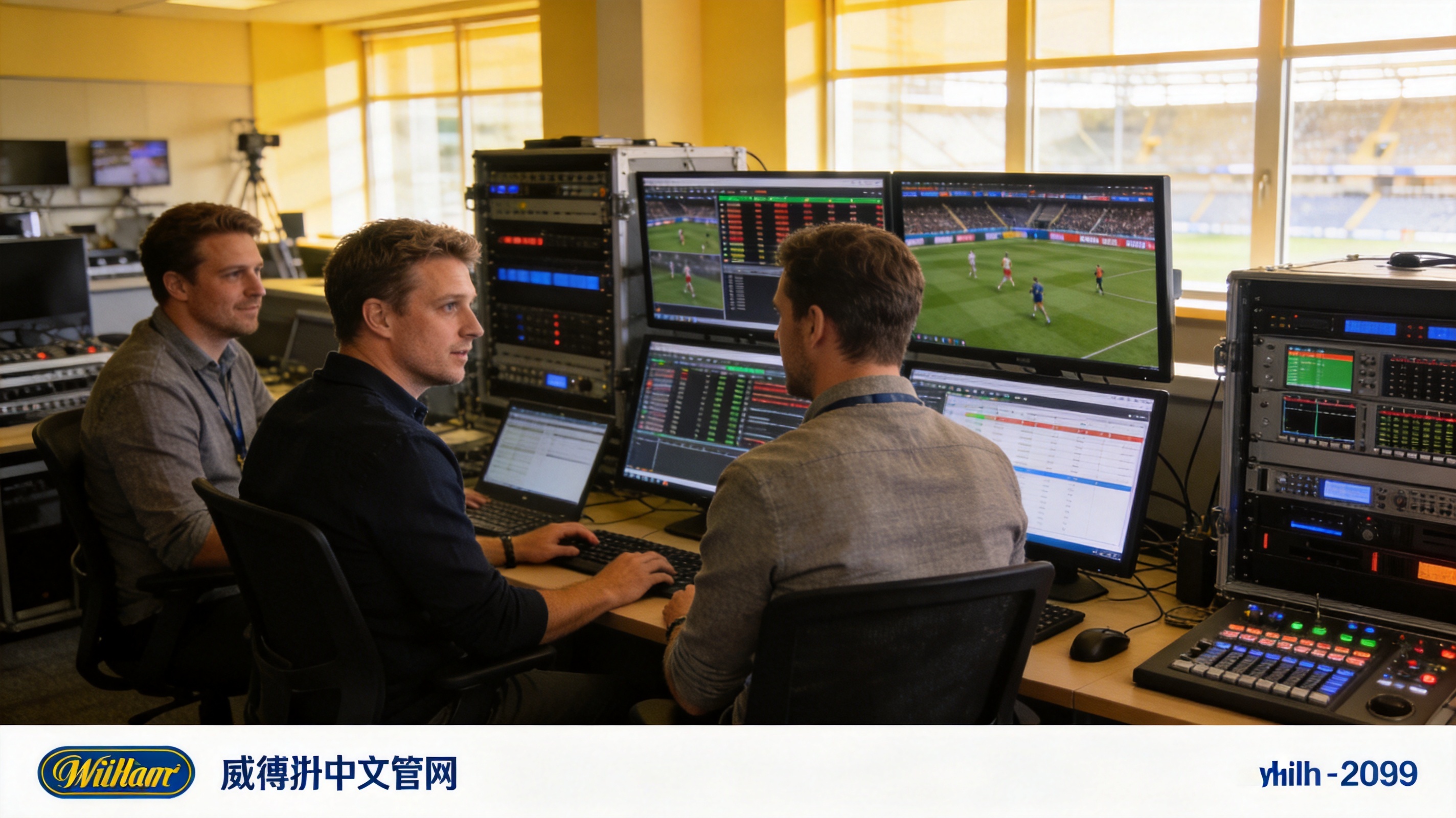 威廉希尔WilliamHill中文官网团队在演播室进行体育赛事数据制作场景